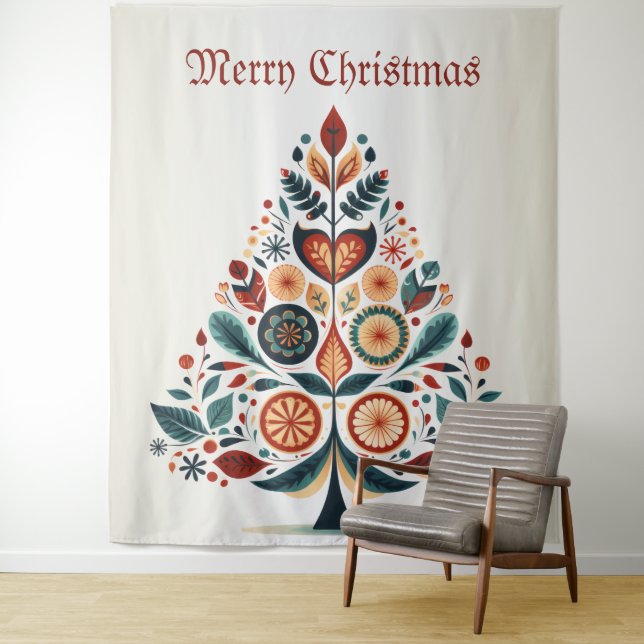 Christmas Colourful Tree Scandinavia Folk Art Tapestry (In Situ)