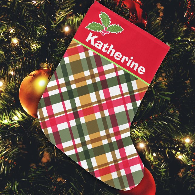 Christmas Colours Plaid Stocking (Christmas Festival Spirit Colors Plaid Design. )