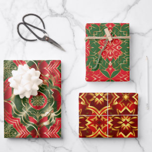 Christmas colours red green gold Damask seamless Wrapping Paper Sheet