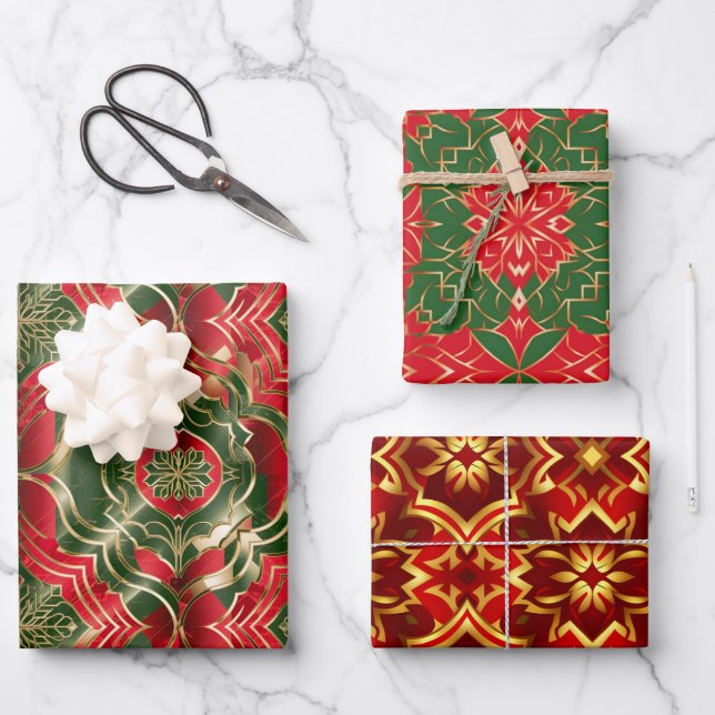 Christmas colours red green gold Damask seamless Wrapping Paper Sheet (Front)