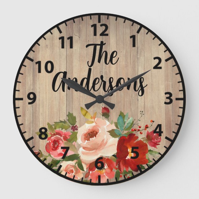 Christmas Colours Roses and Poppies Red and Green Large Clock (Front)