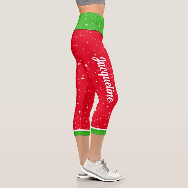 Christmas Colours with Your Name in White - RED Capri Leggings (Right)