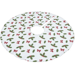 Christmas Common Holly Plant And Red Bows Pattern Brushed Polyester Tree Skirt