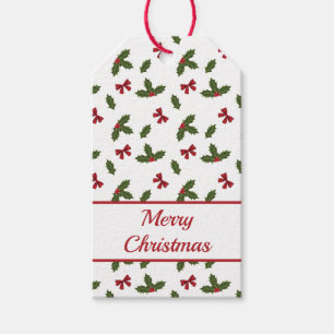 Christmas Common Holly Plant And Red Bows Pattern Gift Tags