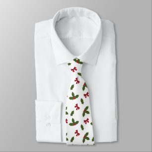 Christmas Common Holly Plant And Red Bows Pattern Tie