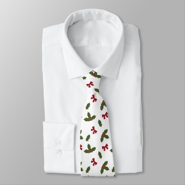 Christmas Common Holly Plant And Red Bows Pattern Tie (Tied)