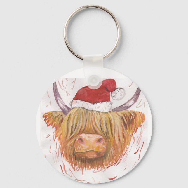 christmas coo Highland Cow with Christmas Hat Keychain (Front)