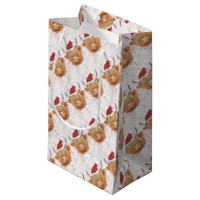 christmas coo Highland Cow with Christmas Hat Small Gift Bag (Front Angled)