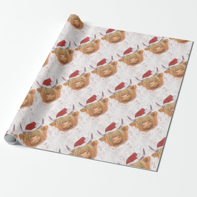christmas coo Highland Cow with Christmas Hat Wrapping Paper (Unrolled)