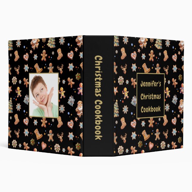 Christmas Cookbook Name Photo Custom Black Gold Binder (Background)