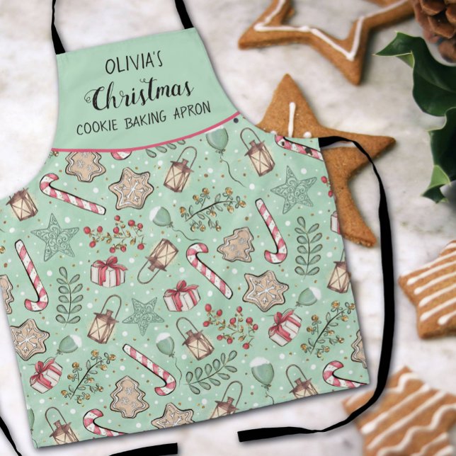Christmas Cookie Baking Green Name Apron (Creator Uploaded)