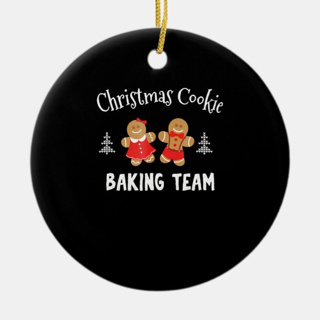 Christmas cookie baking team | gingerbread man ceramic ornament (Front)