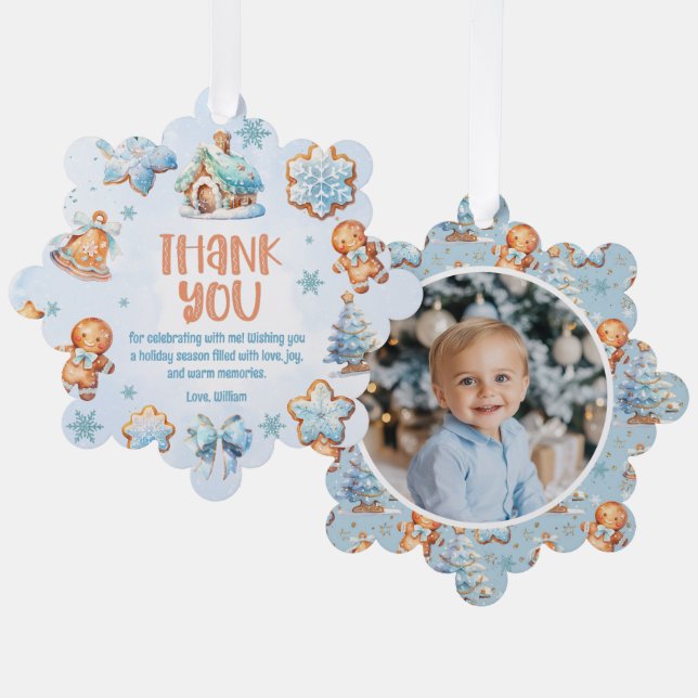 Christmas Cookie Boy Birthday thank you photo Ornament Card (Front/Back)