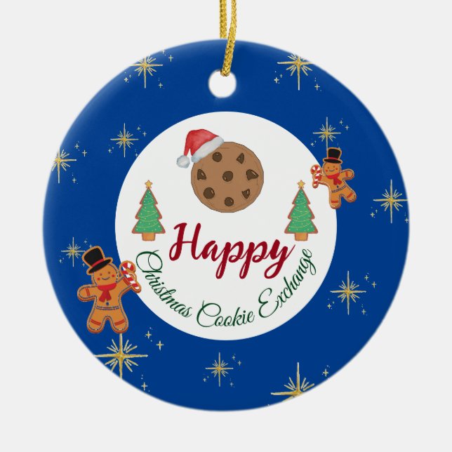 Christmas cookie exchange blue gingerbread ceramic ornament (Front)