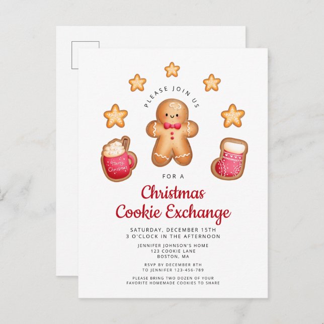 Christmas Cookie Exchange Cute Gingerbread Man  Invitation Postcard (Front/Back)