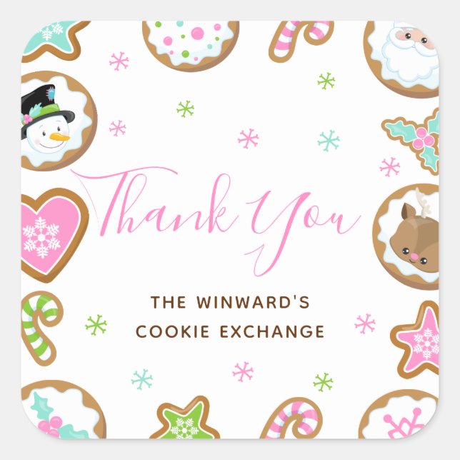 Christmas Cookie Exchange Party Pink Thank You Square Sticker (Front)