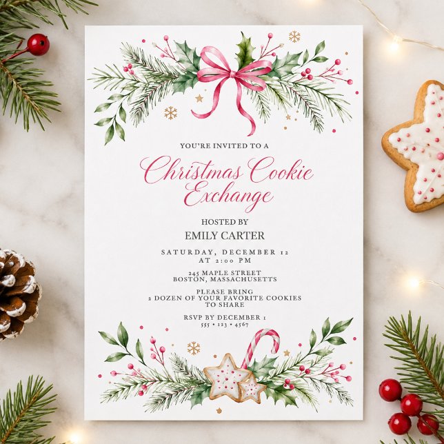 Christmas Cookie Exchange Pink Bow Holiday Invitation (Creator Uploaded)