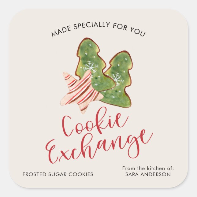 Christmas Cookie Exchange Trendy Watercolor Square Sticker (Front)