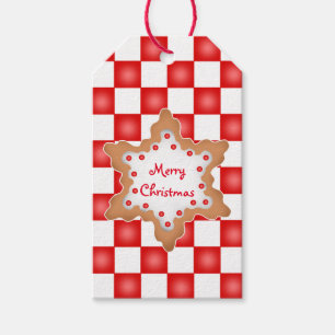 Christmas cookie on red and white chequerboard gift tags