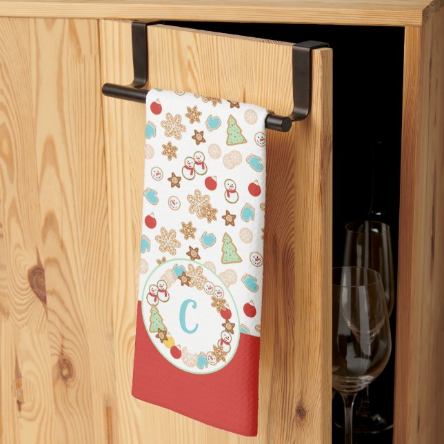 Christmas Cookie Pattern with Monogram Kitchen Towel (Thirds Fold)