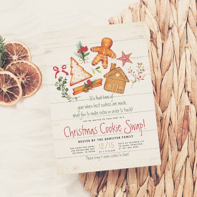 Christmas Cookie Swap Gingerbread & Rustic Wood Invitation (Creator Uploaded)