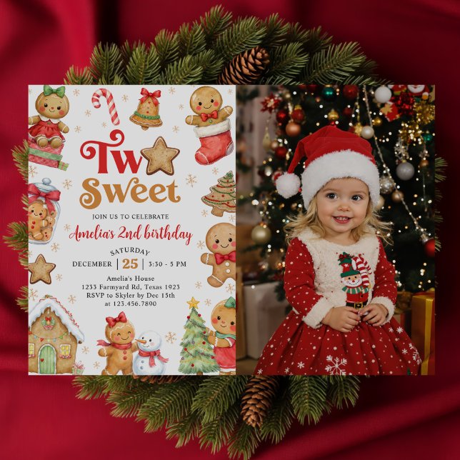 Christmas Cookie Two Sweet 2nd Birthday Photo Invitation (Creator Uploaded)