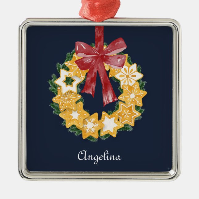 Christmas Cookie Wreath with Blue Grey Background Metal Ornament (Front)