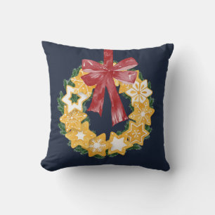 Christmas Cookie Wreath with Blue Grey Background Throw Pillow