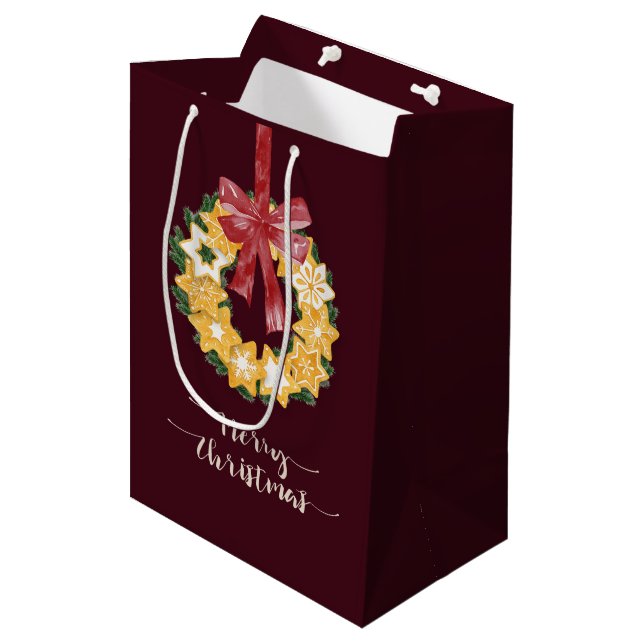 Christmas Cookie Wreath with Burgundy Background Medium Gift Bag (Front Angled)