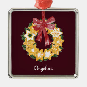 Christmas Cookie Wreath with Burgundy Background Metal Ornament