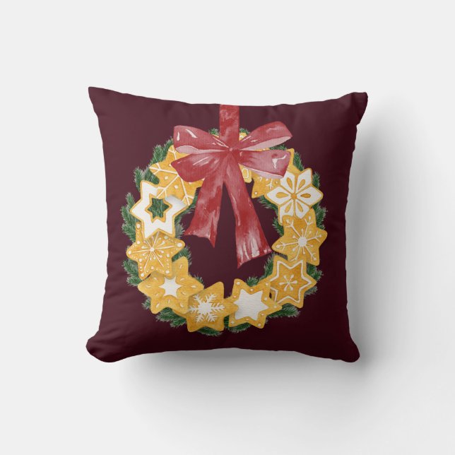 Christmas Cookie Wreath with Burgundy Background Throw Pillow (Front)