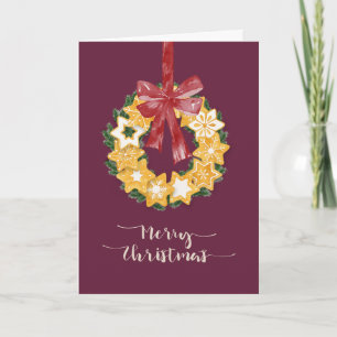 Christmas Cookie Wreath with Deep Plum Background Holiday Card