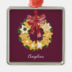 Christmas Cookie Wreath with Deep Plum Background Metal Ornament