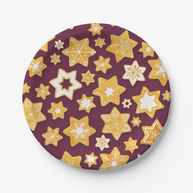 Christmas Cookie Wreath with Deep Plum Background Paper Plate (Front)