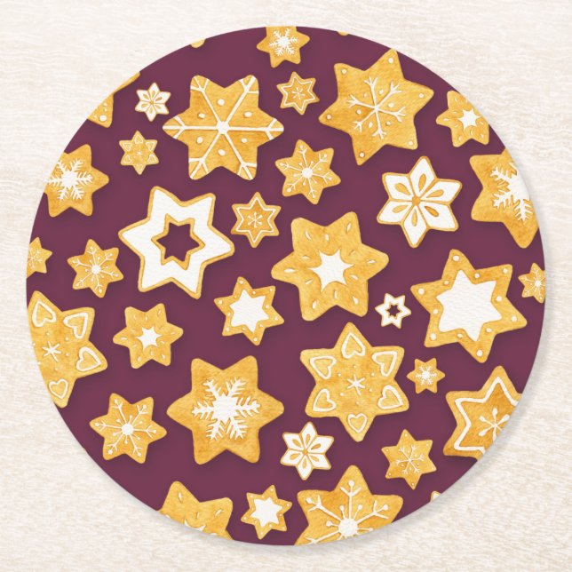 Christmas Cookie Wreath with Deep Plum Background Round Paper Coaster (Front)
