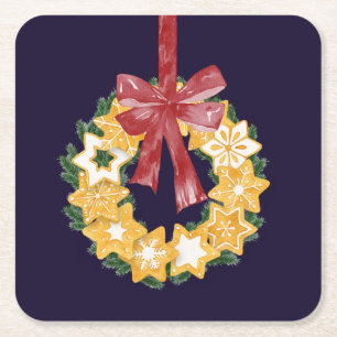 Christmas Cookie Wreath with Navy Blue Background Square Paper Coaster