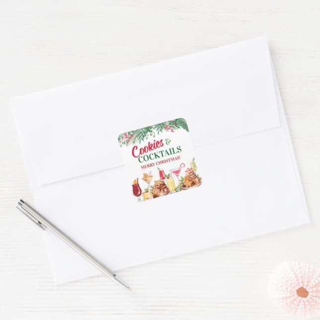 Christmas Cookies and Cocktails Holiday Party Square Sticker (Envelope)