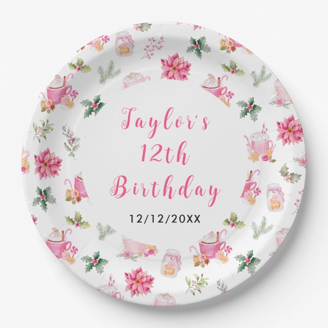 Christmas Cookies and Cocoa Birthday Party Pink Paper Plate (Front)