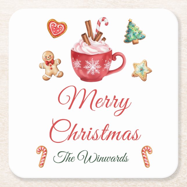 Christmas Cookies and Cocoa Party Square Paper Coaster (Front)