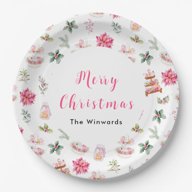 Christmas Cookies and Foliage Pink Paper Plate (Front)