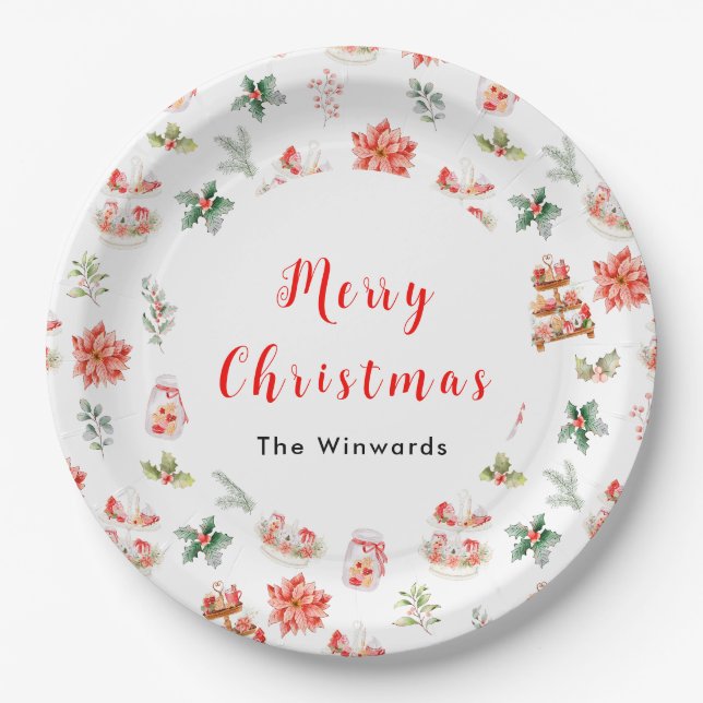 Christmas Cookies and Foliage Red Paper Plate (Front)