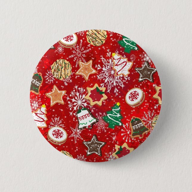 Christmas Cookies and Snowflakes on Red 2 Inch Round Button (Front)