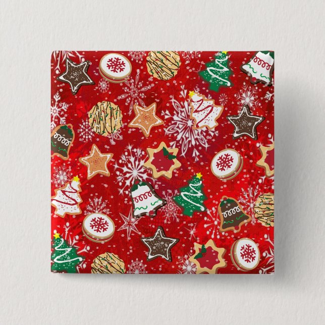 Christmas Cookies and Snowflakes on Red 2 Inch Square Button (Front)