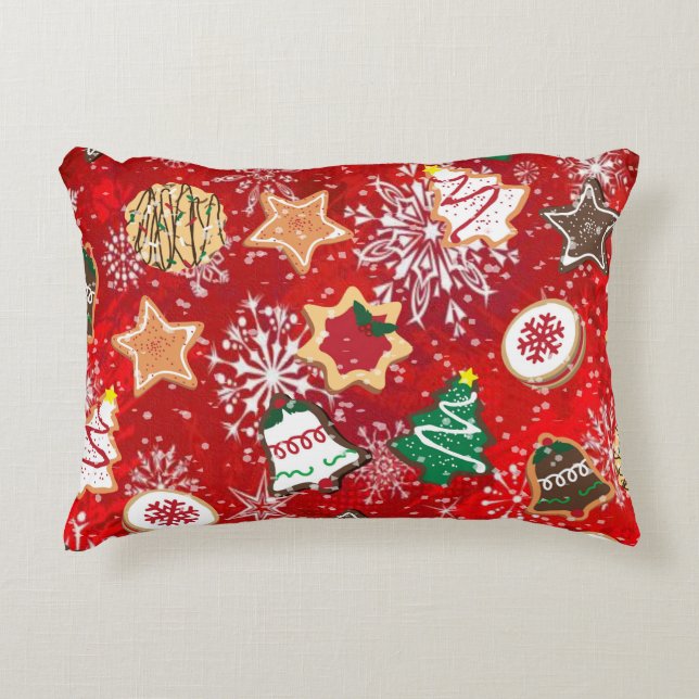 Christmas Cookies and Snowflakes on Red Accent Pillow (Front)