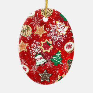 Christmas Cookies and Snowflakes on Red Ceramic Ornament