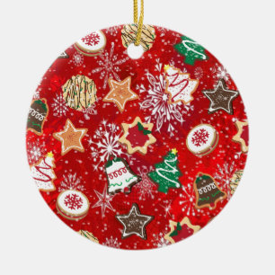 Christmas Cookies and Snowflakes on Red Ceramic Ornament