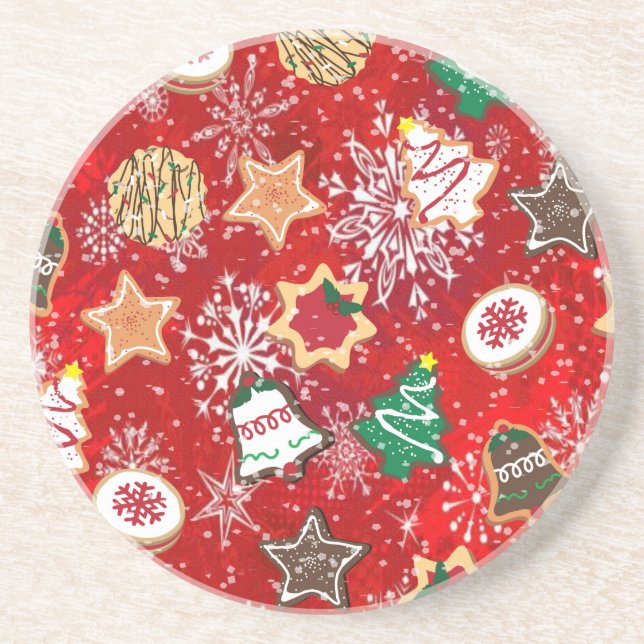 Christmas Cookies and Snowflakes on Red Coaster (Front)