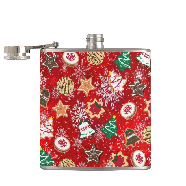 Christmas Cookies and Snowflakes on Red Hip Flask (Opened)