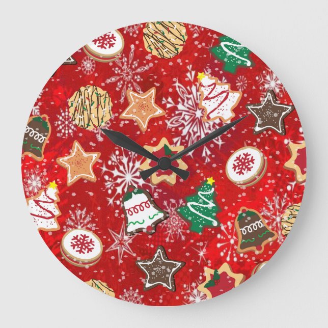 Christmas Cookies and Snowflakes on Red Large Clock (Front)