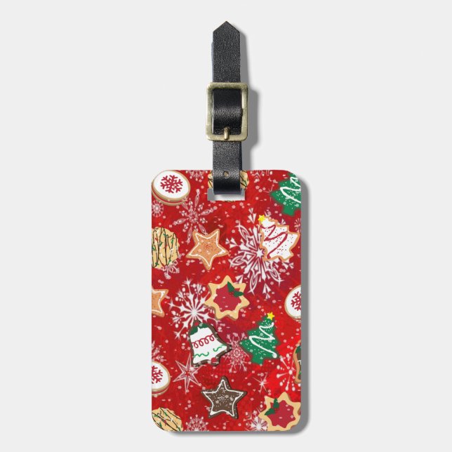 Christmas Cookies and Snowflakes on Red Luggage Tag (Front Vertical)